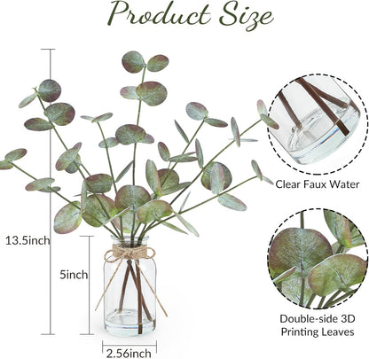 Artificial Eucalyptus Stems in Glass Vase with Faux Water, 13.5" Fake Plants for Home Decor, Coffee Table Centerpieces, Office, Bathroom & Farmhouse - Green Faux Plants Decorations