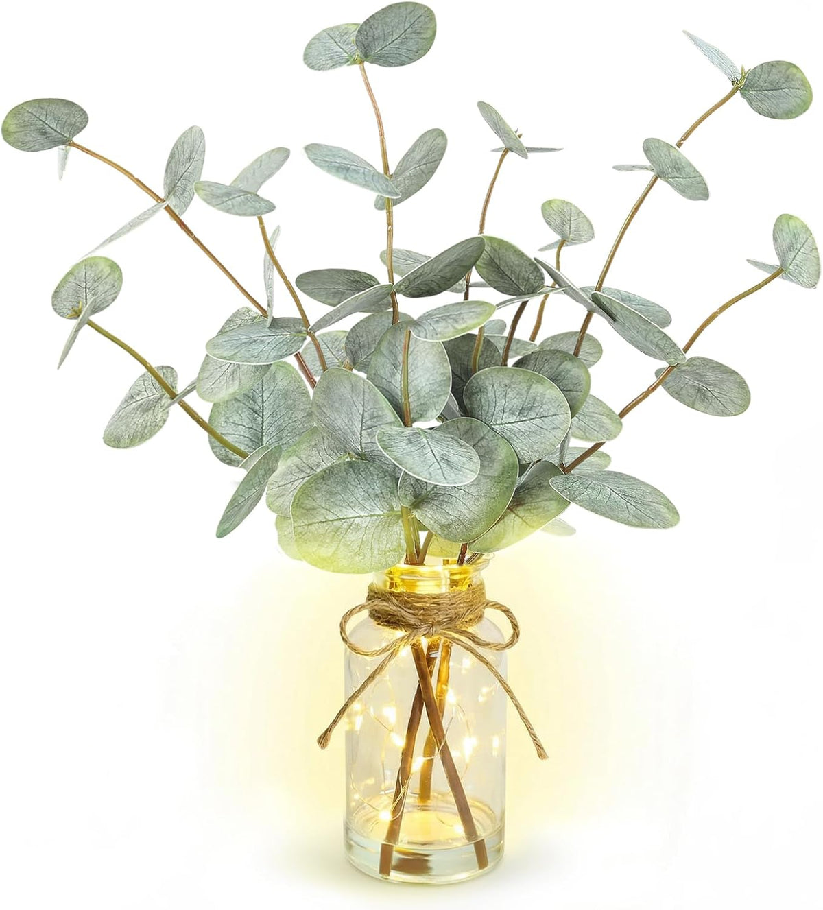 Artificial Eucalyptus Stems in Glass Vase with Faux Water, 13.5" Fake Plants for Home Decor, Coffee Table Centerpieces, Office, Bathroom & Farmhouse - Green Faux Plants Decorations
