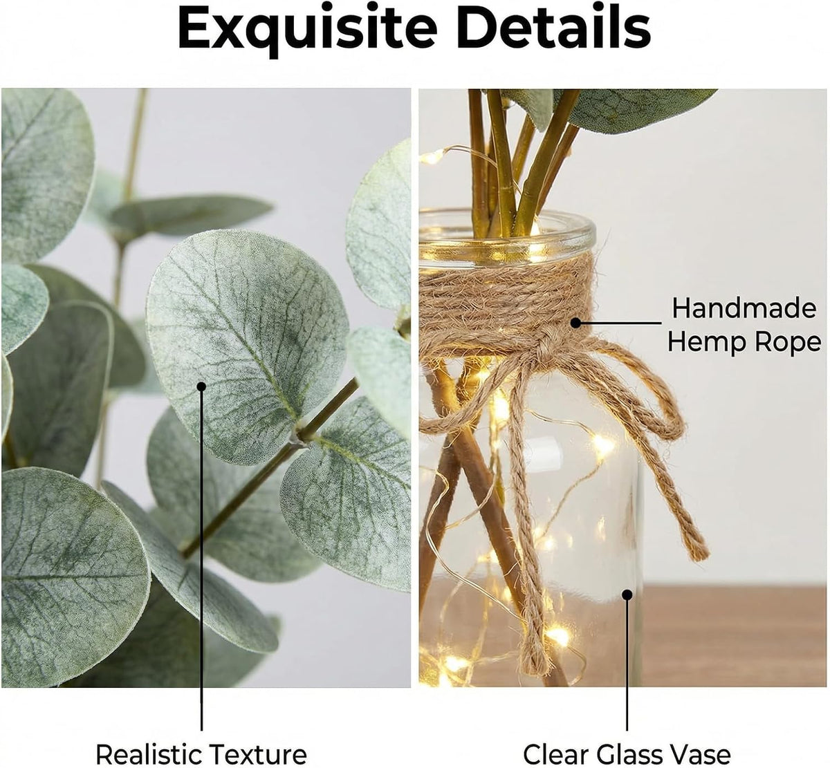 Artificial Eucalyptus Stems in Glass Vase with Faux Water, 13.5" Fake Plants for Home Decor, Coffee Table Centerpieces, Office, Bathroom & Farmhouse - Green Faux Plants Decorations