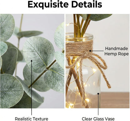 Artificial Eucalyptus Stems in Glass Vase with Faux Water, 13.5" Fake Plants for Home Decor, Coffee Table Centerpieces, Office, Bathroom & Farmhouse - Green Faux Plants Decorations