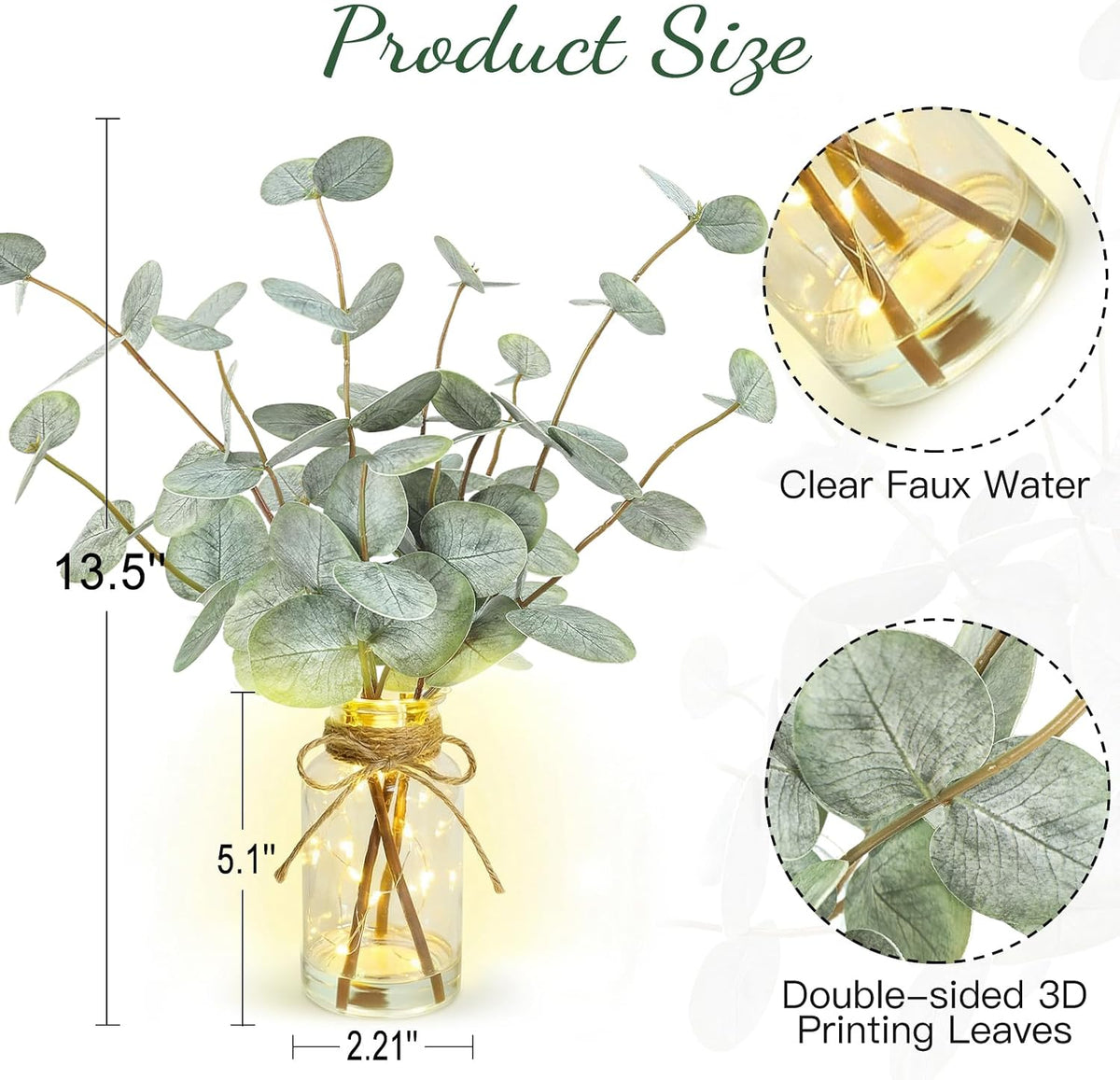 Artificial Eucalyptus Stems in Glass Vase with Faux Water, 13.5" Fake Plants for Home Decor, Coffee Table Centerpieces, Office, Bathroom & Farmhouse - Green Faux Plants Decorations