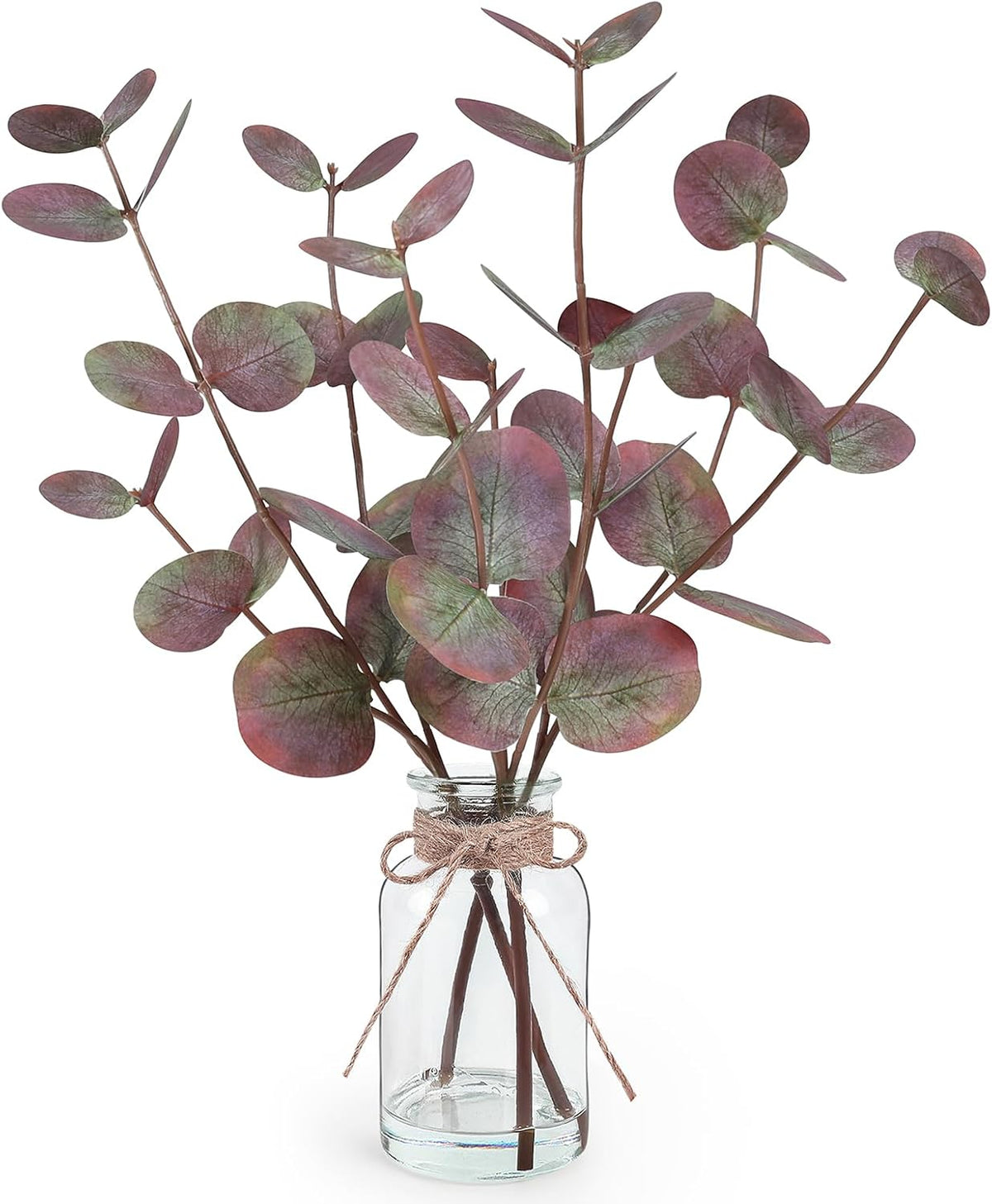Artificial Eucalyptus Stems in Glass Vase with Faux Water, 13.5" Fake Plants for Home Decor, Coffee Table Centerpieces, Office, Bathroom & Farmhouse - Green Faux Plants Decorations