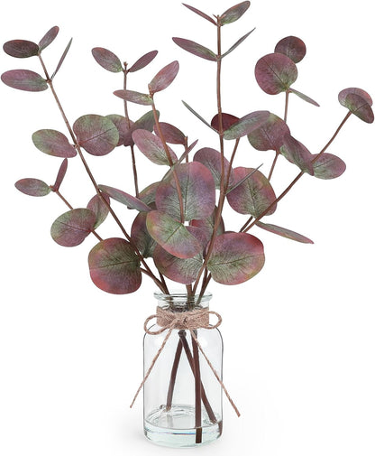 Artificial Eucalyptus Stems in Glass Vase with Faux Water, 13.5" Fake Plants for Home Decor, Coffee Table Centerpieces, Office, Bathroom & Farmhouse - Green Faux Plants Decorations