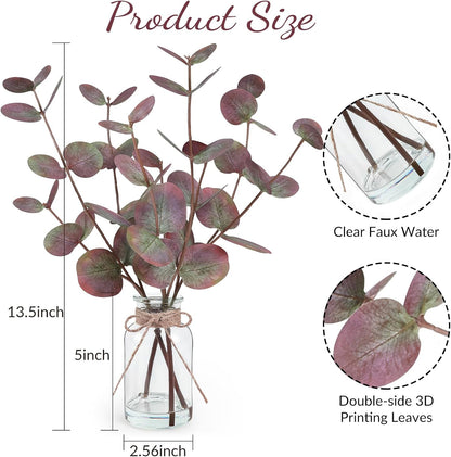 Artificial Eucalyptus Stems in Glass Vase with Faux Water, 13.5" Fake Plants for Home Decor, Coffee Table Centerpieces, Office, Bathroom & Farmhouse - Green Faux Plants Decorations