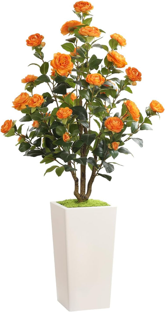 MARCH WIND 4FT Faux Orange Camellia Tree with White Tall Planter, Artificial Camellia Plant Flower for Modern Indoor Outdoor Floor Décor – Warm & Vibrant