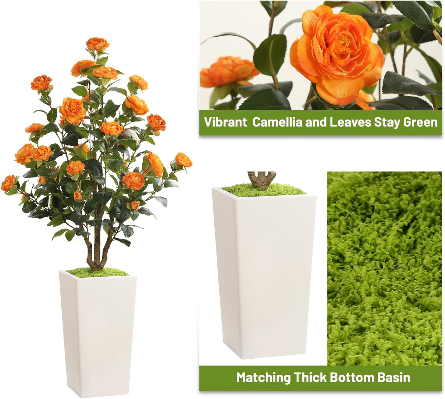 MARCH WIND 4FT Faux Orange Camellia Tree with White Tall Planter, Artificial Camellia Plant Flower for Modern Indoor Outdoor Floor Décor – Warm & Vibrant