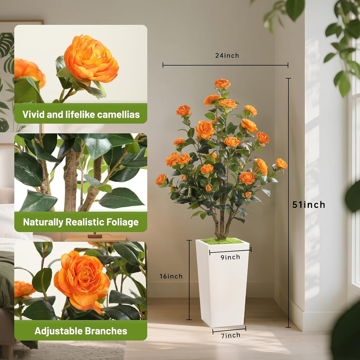 MARCH WIND 4FT Faux Orange Camellia Tree with White Tall Planter, Artificial Camellia Plant Flower for Modern Indoor Outdoor Floor Décor – Warm & Vibrant