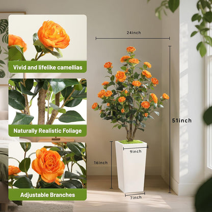 MARCH WIND 4FT Faux Orange Camellia Tree with White Tall Planter, Artificial Camellia Plant Flower for Modern Indoor Outdoor Floor Décor – Warm & Vibrant