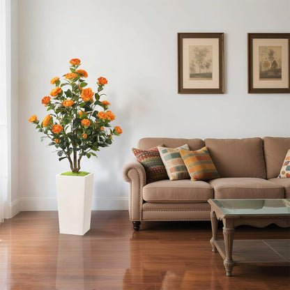 MARCH WIND 4FT Faux Orange Camellia Tree with White Tall Planter, Artificial Camellia Plant Flower for Modern Indoor Outdoor Floor Décor – Warm & Vibrant