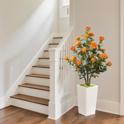 MARCH WIND 4FT Faux Orange Camellia Tree with White Tall Planter, Artificial Camellia Plant Flower for Modern Indoor Outdoor Floor Décor – Warm & Vibrant