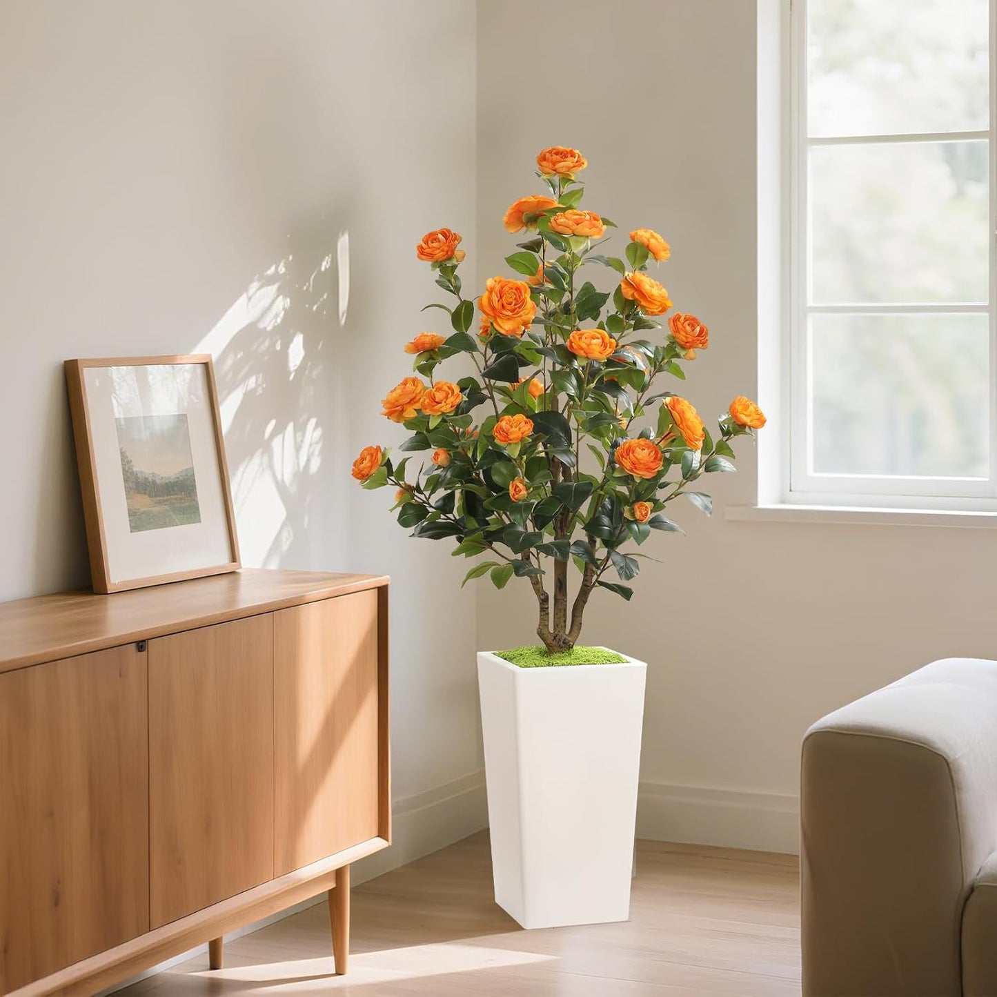 MARCH WIND 4FT Faux Orange Camellia Tree with White Tall Planter, Artificial Camellia Plant Flower for Modern Indoor Outdoor Floor Décor – Warm & Vibrant