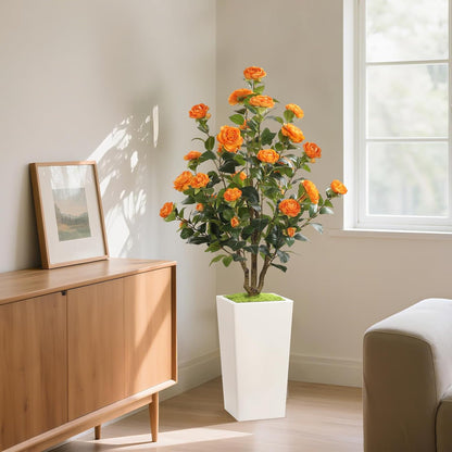 MARCH WIND 4FT Faux Orange Camellia Tree with White Tall Planter, Artificial Camellia Plant Flower for Modern Indoor Outdoor Floor Décor – Warm & Vibrant