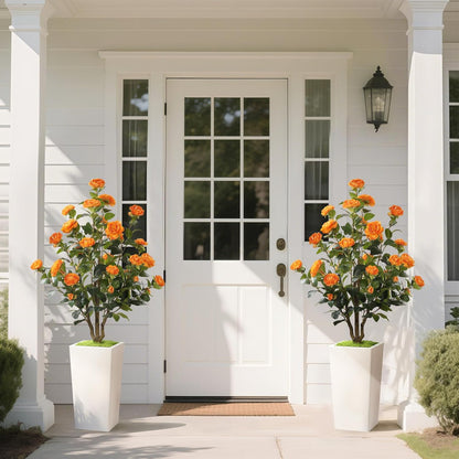 MARCH WIND 4FT Faux Orange Camellia Tree with White Tall Planter, Artificial Camellia Plant Flower for Modern Indoor Outdoor Floor Décor – Warm & Vibrant