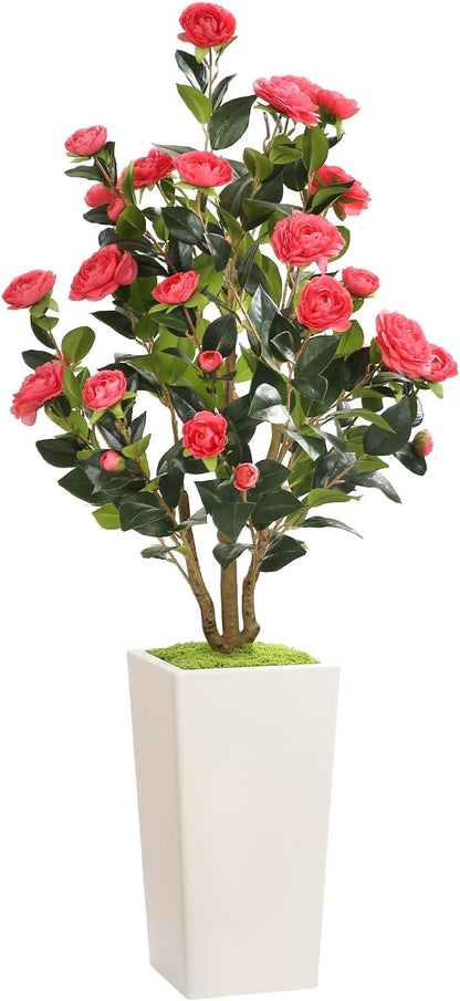 MARCH WIND 4FT Faux Orange Camellia Tree with White Tall Planter, Artificial Camellia Plant Flower for Modern Indoor Outdoor Floor Décor – Warm & Vibrant