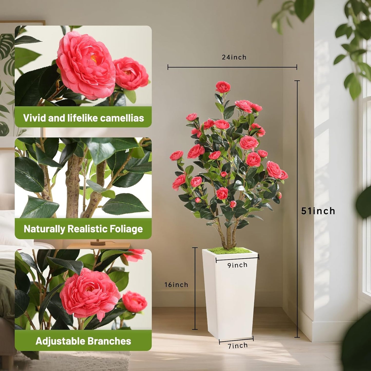 MARCH WIND 4FT Faux Orange Camellia Tree with White Tall Planter, Artificial Camellia Plant Flower for Modern Indoor Outdoor Floor Décor – Warm & Vibrant