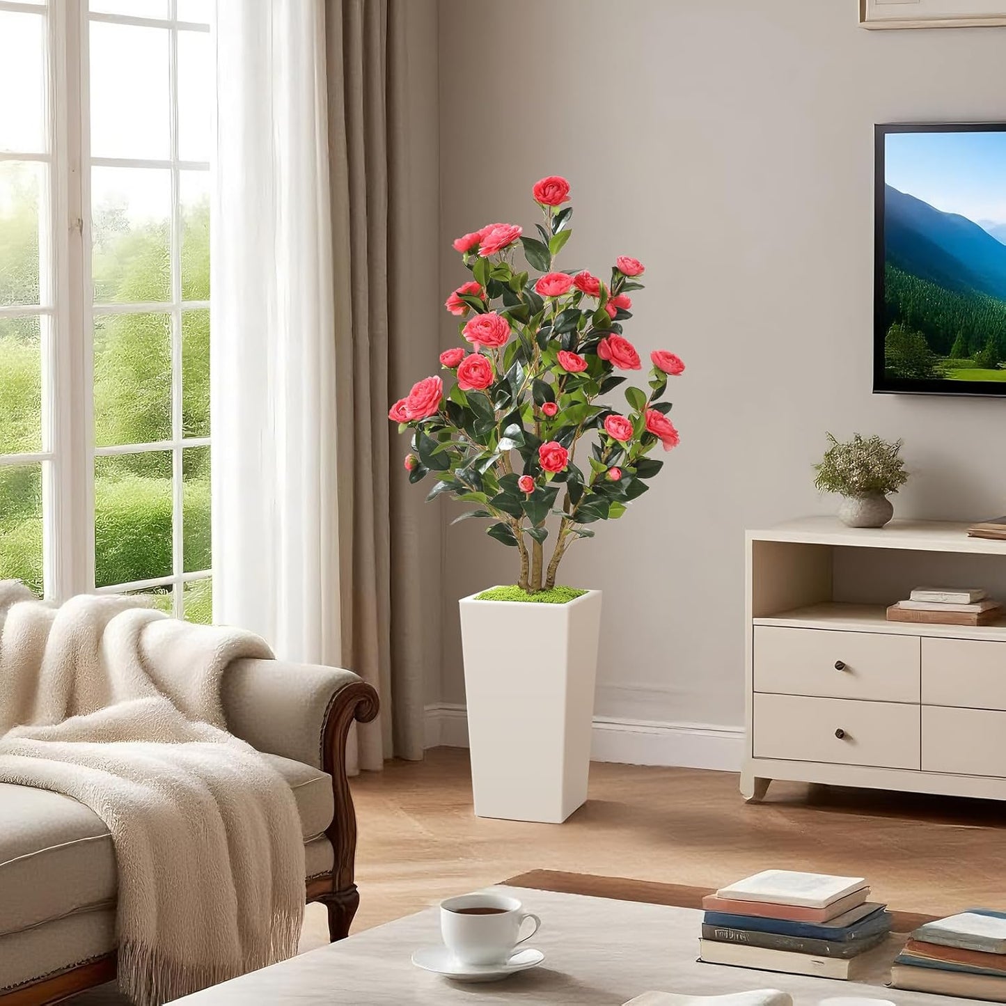 MARCH WIND 4FT Faux Orange Camellia Tree with White Tall Planter, Artificial Camellia Plant Flower for Modern Indoor Outdoor Floor Décor – Warm & Vibrant
