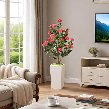 MARCH WIND 4FT Faux Orange Camellia Tree with White Tall Planter, Artificial Camellia Plant Flower for Modern Indoor Outdoor Floor Décor – Warm & Vibrant