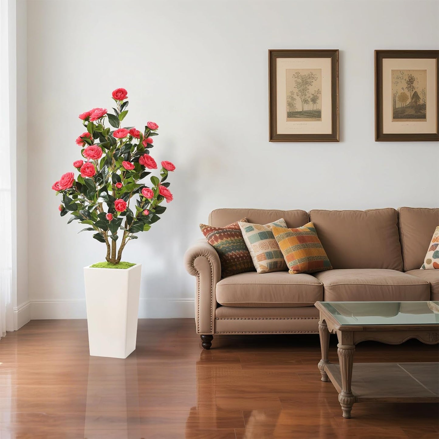 MARCH WIND 4FT Faux Orange Camellia Tree with White Tall Planter, Artificial Camellia Plant Flower for Modern Indoor Outdoor Floor Décor – Warm & Vibrant