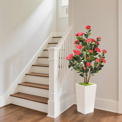 MARCH WIND 4FT Faux Orange Camellia Tree with White Tall Planter, Artificial Camellia Plant Flower for Modern Indoor Outdoor Floor Décor – Warm & Vibrant
