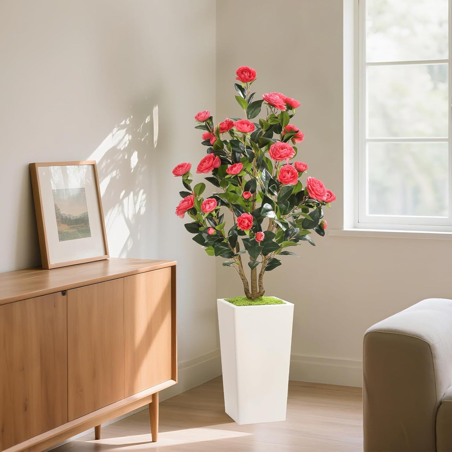 MARCH WIND 4FT Faux Orange Camellia Tree with White Tall Planter, Artificial Camellia Plant Flower for Modern Indoor Outdoor Floor Décor – Warm & Vibrant