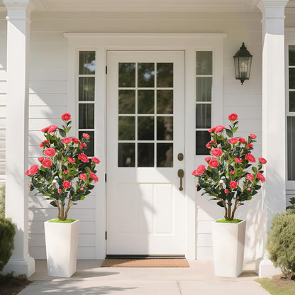 MARCH WIND 4FT Faux Orange Camellia Tree with White Tall Planter, Artificial Camellia Plant Flower for Modern Indoor Outdoor Floor Décor – Warm & Vibrant