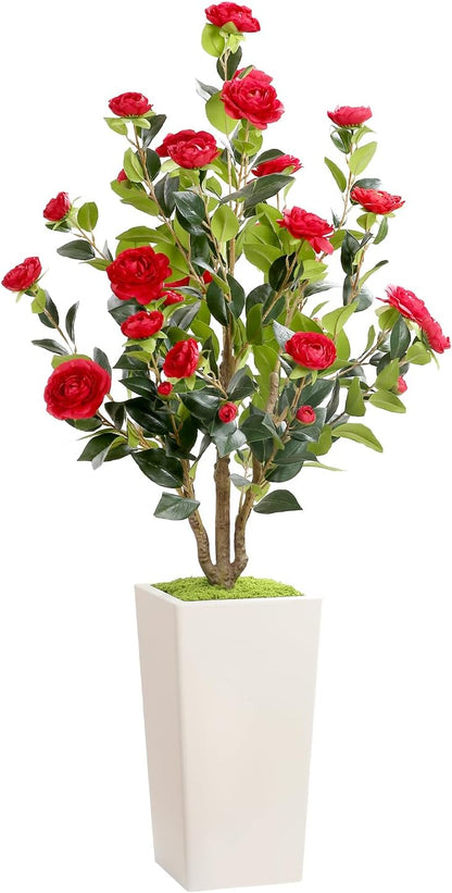 MARCH WIND 4FT Faux Orange Camellia Tree with White Tall Planter, Artificial Camellia Plant Flower for Modern Indoor Outdoor Floor Décor – Warm & Vibrant
