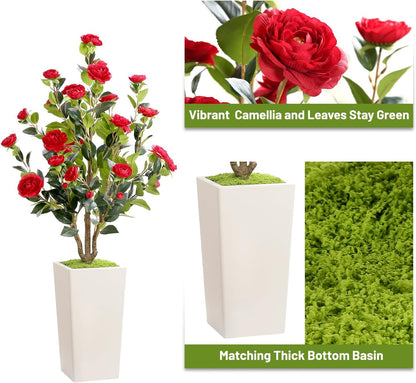 MARCH WIND 4FT Faux Orange Camellia Tree with White Tall Planter, Artificial Camellia Plant Flower for Modern Indoor Outdoor Floor Décor – Warm & Vibrant