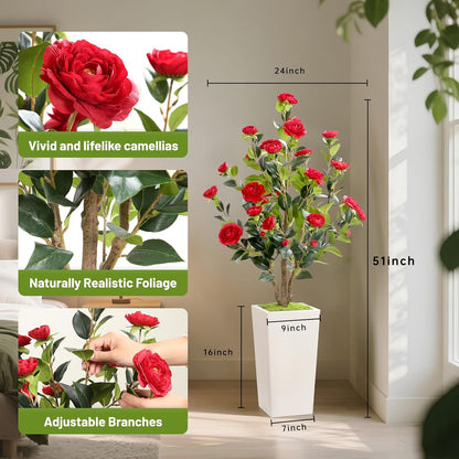 MARCH WIND 4FT Faux Orange Camellia Tree with White Tall Planter, Artificial Camellia Plant Flower for Modern Indoor Outdoor Floor Décor – Warm & Vibrant