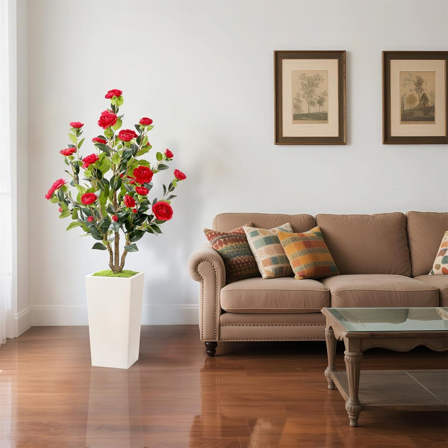 MARCH WIND 4FT Faux Orange Camellia Tree with White Tall Planter, Artificial Camellia Plant Flower for Modern Indoor Outdoor Floor Décor – Warm & Vibrant