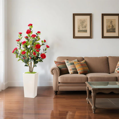 MARCH WIND 4FT Faux Orange Camellia Tree with White Tall Planter, Artificial Camellia Plant Flower for Modern Indoor Outdoor Floor Décor – Warm & Vibrant