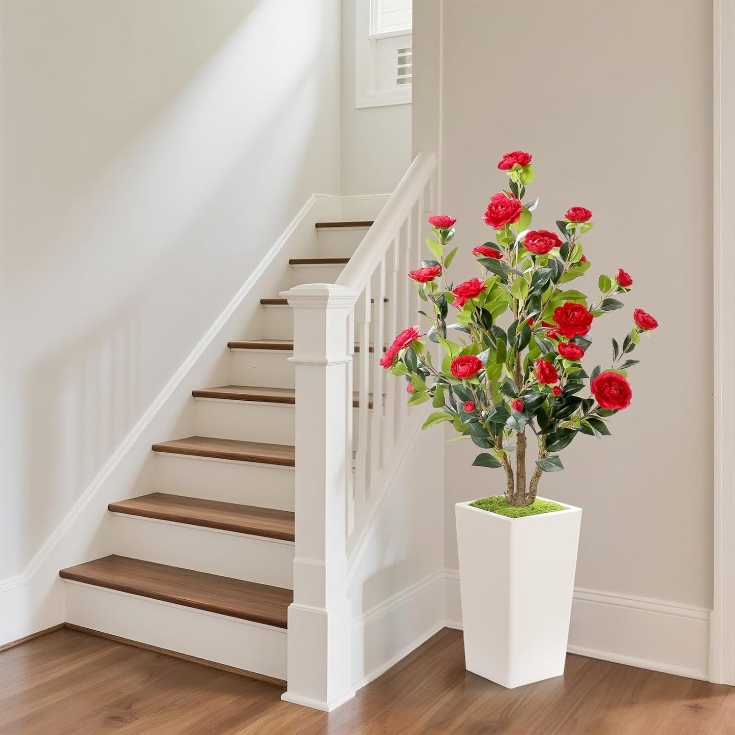 MARCH WIND 4FT Faux Orange Camellia Tree with White Tall Planter, Artificial Camellia Plant Flower for Modern Indoor Outdoor Floor Décor – Warm & Vibrant