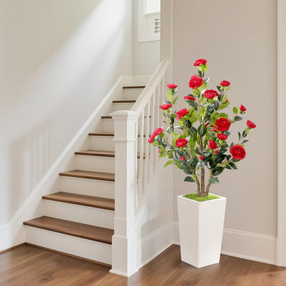 MARCH WIND 4FT Faux Orange Camellia Tree with White Tall Planter, Artificial Camellia Plant Flower for Modern Indoor Outdoor Floor Décor – Warm & Vibrant