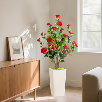 MARCH WIND 4FT Faux Orange Camellia Tree with White Tall Planter, Artificial Camellia Plant Flower for Modern Indoor Outdoor Floor Décor – Warm & Vibrant