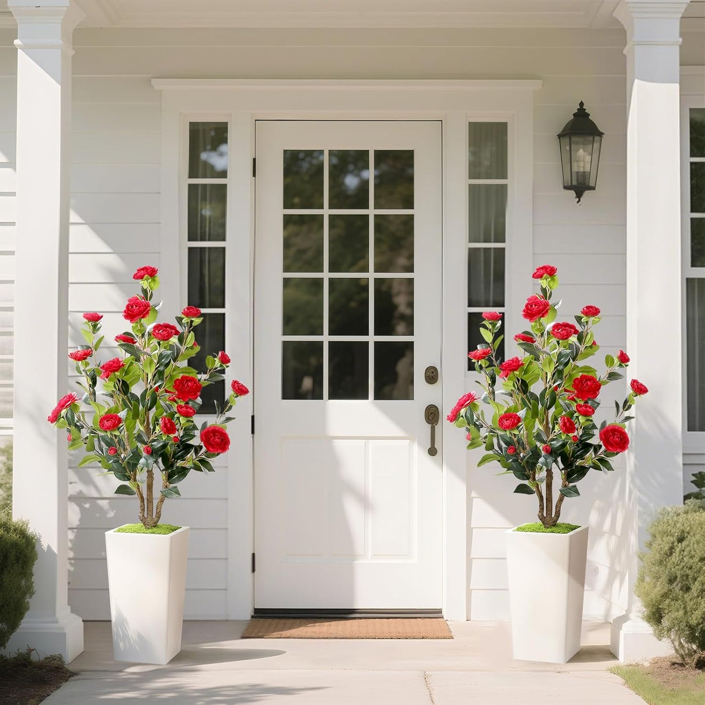 MARCH WIND 4FT Faux Orange Camellia Tree with White Tall Planter, Artificial Camellia Plant Flower for Modern Indoor Outdoor Floor Décor – Warm & Vibrant