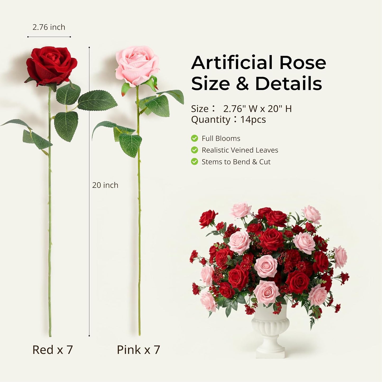 14PCS Red Roses Artificial Flowers, Fake Red Roses Bouquet | Long Stems for Halloween, Romantic Valentine's Day, Anniversary, Wedding & Home Decoration