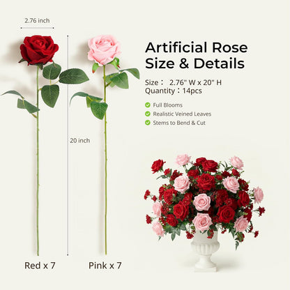 14PCS Red Roses Artificial Flowers, Fake Red Roses Bouquet | Long Stems for Halloween, Romantic Valentine's Day, Anniversary, Wedding & Home Decoration