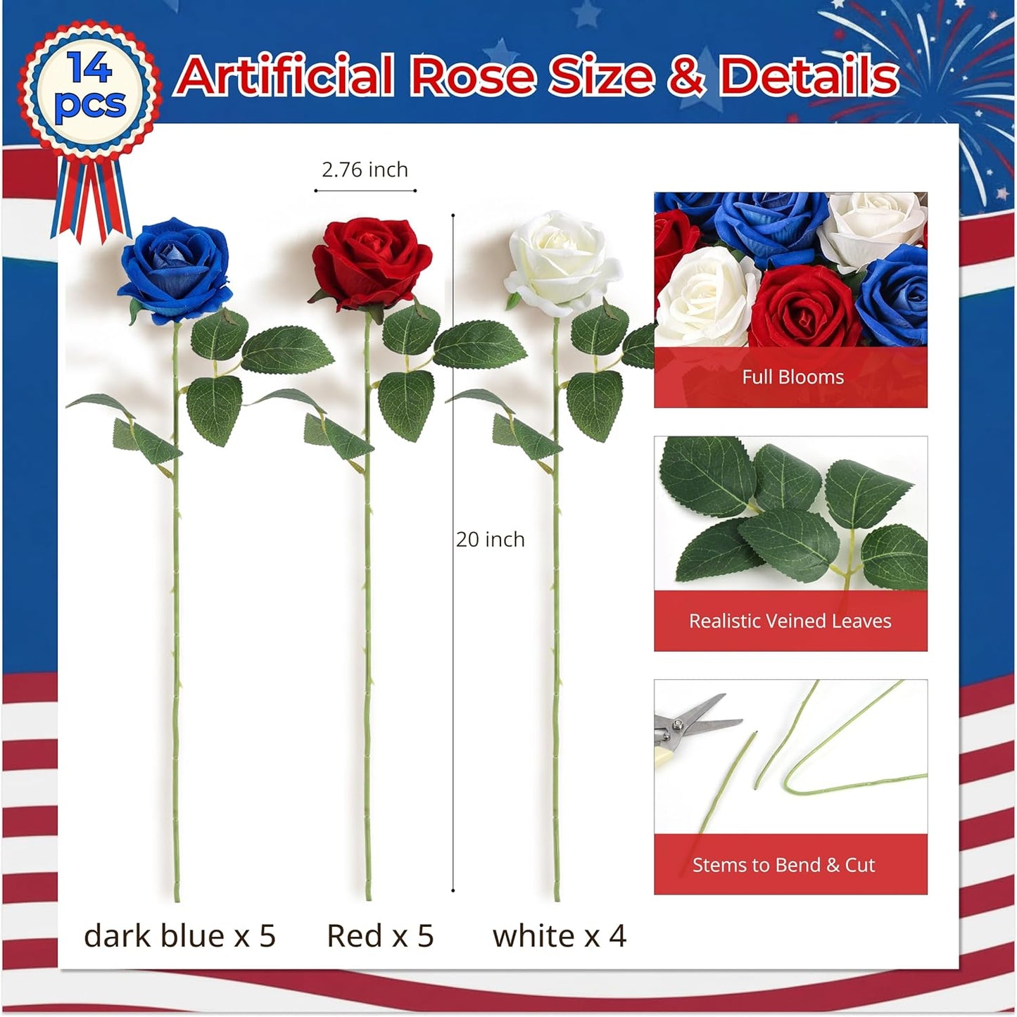 14PCS Red Roses Artificial Flowers, Fake Red Roses Bouquet | Long Stems for Halloween, Romantic Valentine's Day, Anniversary, Wedding & Home Decoration