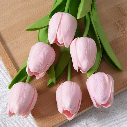 Pink Artificial Tulips Fake Flowers, 20 Pcs PU Faux Tulips 13.5", Realistic Tulip Bouquet for Wedding Centerpiece Home Kitchen Dining Table Vase Decoration Floral