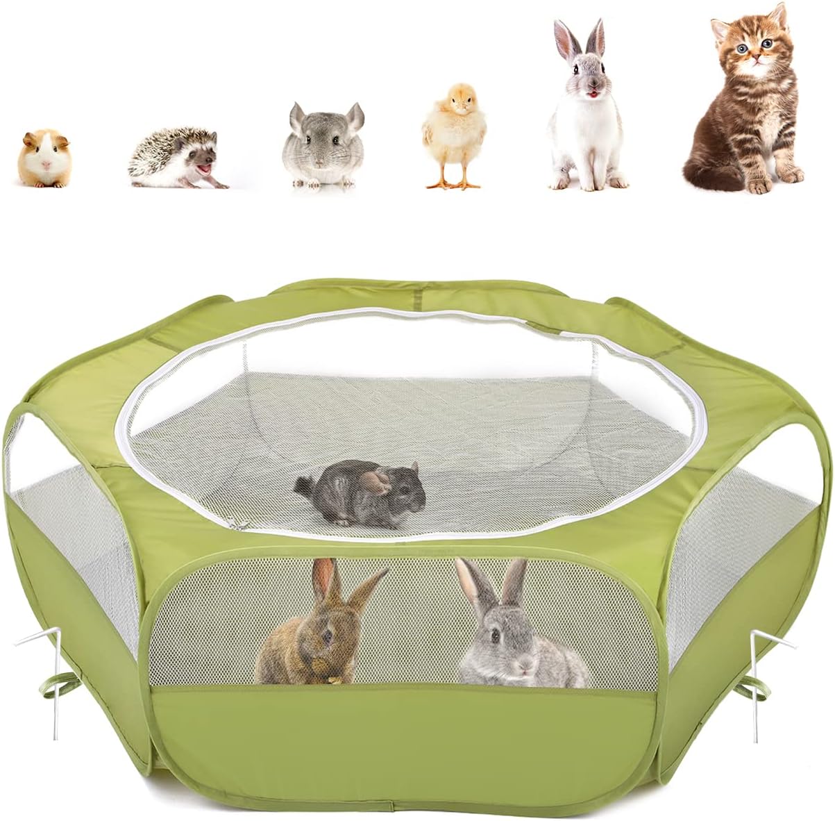 Small Animals Playpen, Waterproof Small Pet Cage Tent with Zippered Cover, Portable Outdoor Yard Fence with 3 Metal Rod for Chick/Kitten/Puppy/Guinea Pig/Rabbits/Hamster/Chinchillas,Light Gray