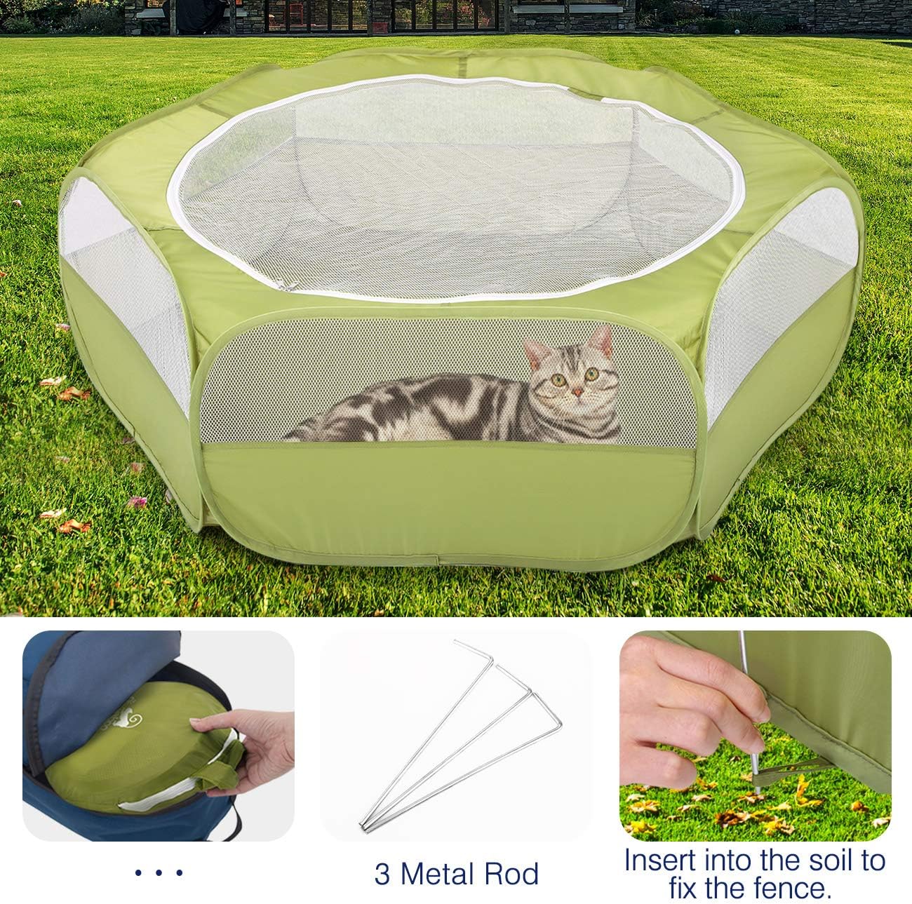Small Animals Playpen, Waterproof Small Pet Cage Tent with Zippered Cover, Portable Outdoor Yard Fence with 3 Metal Rod for Chick/Kitten/Puppy/Guinea Pig/Rabbits/Hamster/Chinchillas,Light Gray