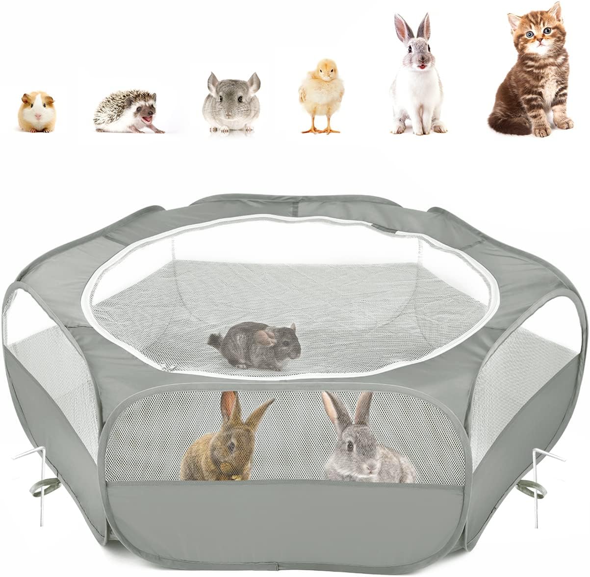 Small Animals Playpen, Waterproof Small Pet Cage Tent with Zippered Cover, Portable Outdoor Yard Fence with 3 Metal Rod for Chick/Kitten/Puppy/Guinea Pig/Rabbits/Hamster/Chinchillas,Light Gray