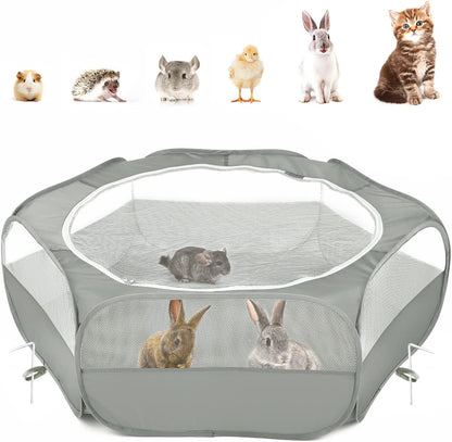 Small Animals Playpen, Waterproof Small Pet Cage Tent with Zippered Cover, Portable Outdoor Yard Fence with 3 Metal Rod for Chick/Kitten/Puppy/Guinea Pig/Rabbits/Hamster/Chinchillas,Light Gray
