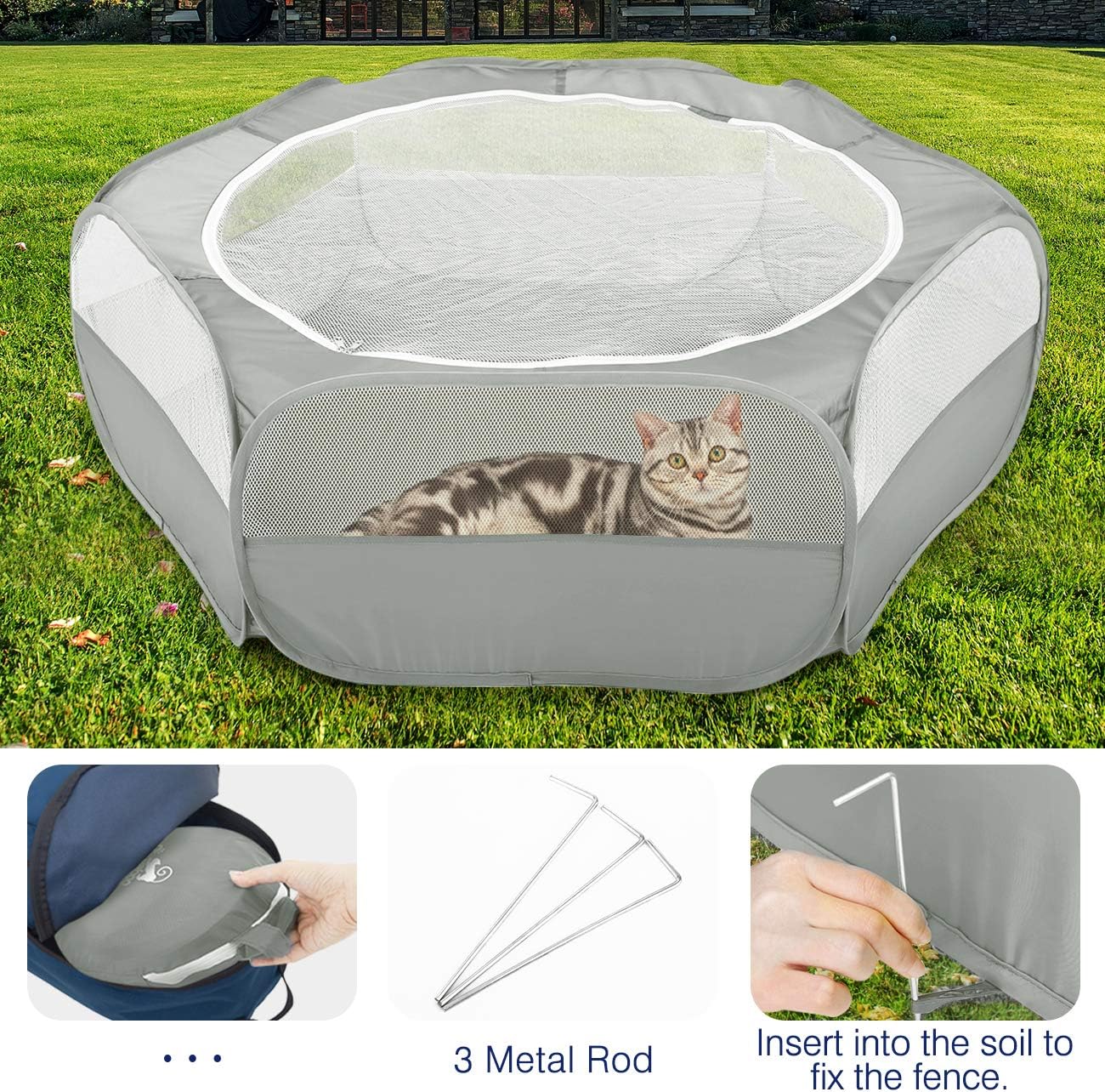 Small Animals Playpen, Waterproof Small Pet Cage Tent with Zippered Cover, Portable Outdoor Yard Fence with 3 Metal Rod for Chick/Kitten/Puppy/Guinea Pig/Rabbits/Hamster/Chinchillas,Light Gray