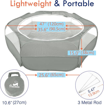 Small Animals Playpen, Waterproof Small Pet Cage Tent with Zippered Cover, Portable Outdoor Yard Fence with 3 Metal Rod for Chick/Kitten/Puppy/Guinea Pig/Rabbits/Hamster/Chinchillas,Light Gray