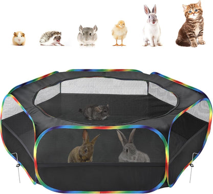 Small Animals Playpen, Waterproof Small Pet Cage Tent with Zippered Cover, Portable Outdoor Yard Fence with 3 Metal Rod for Chick/Kitten/Puppy/Guinea Pig/Rabbits/Hamster/Chinchillas,Light Gray
