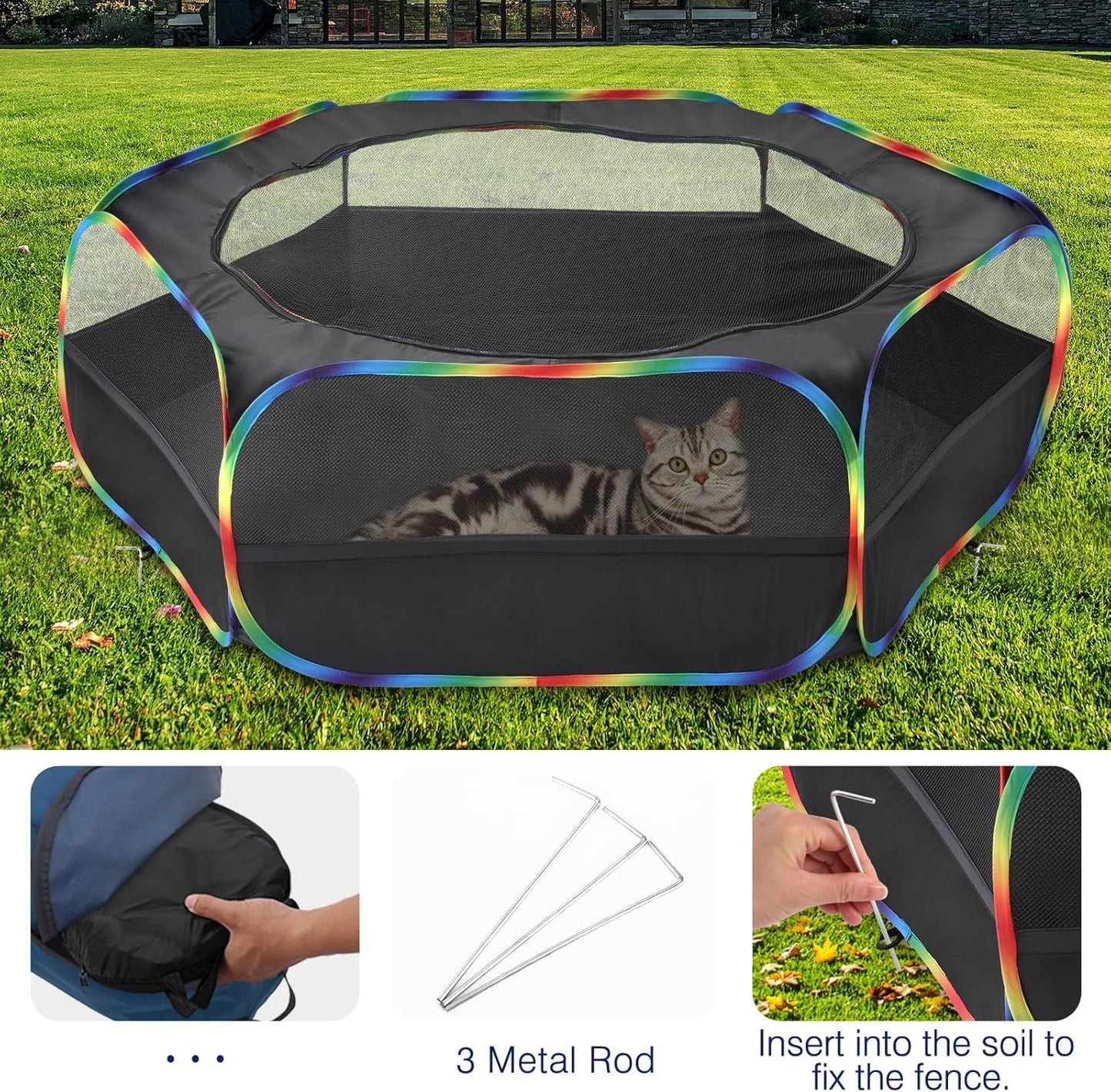 Small Animals Playpen, Waterproof Small Pet Cage Tent with Zippered Cover, Portable Outdoor Yard Fence with 3 Metal Rod for Chick/Kitten/Puppy/Guinea Pig/Rabbits/Hamster/Chinchillas,Light Gray
