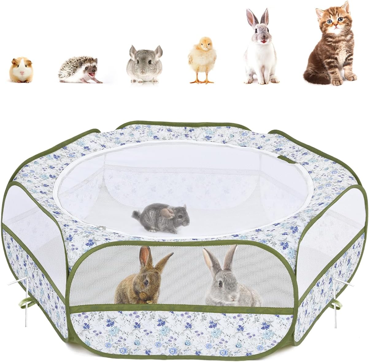 Small Animals Playpen, Waterproof Small Pet Cage Tent with Zippered Cover, Portable Outdoor Yard Fence with 3 Metal Rod for Chick/Kitten/Puppy/Guinea Pig/Rabbits/Hamster/Chinchillas,Light Gray