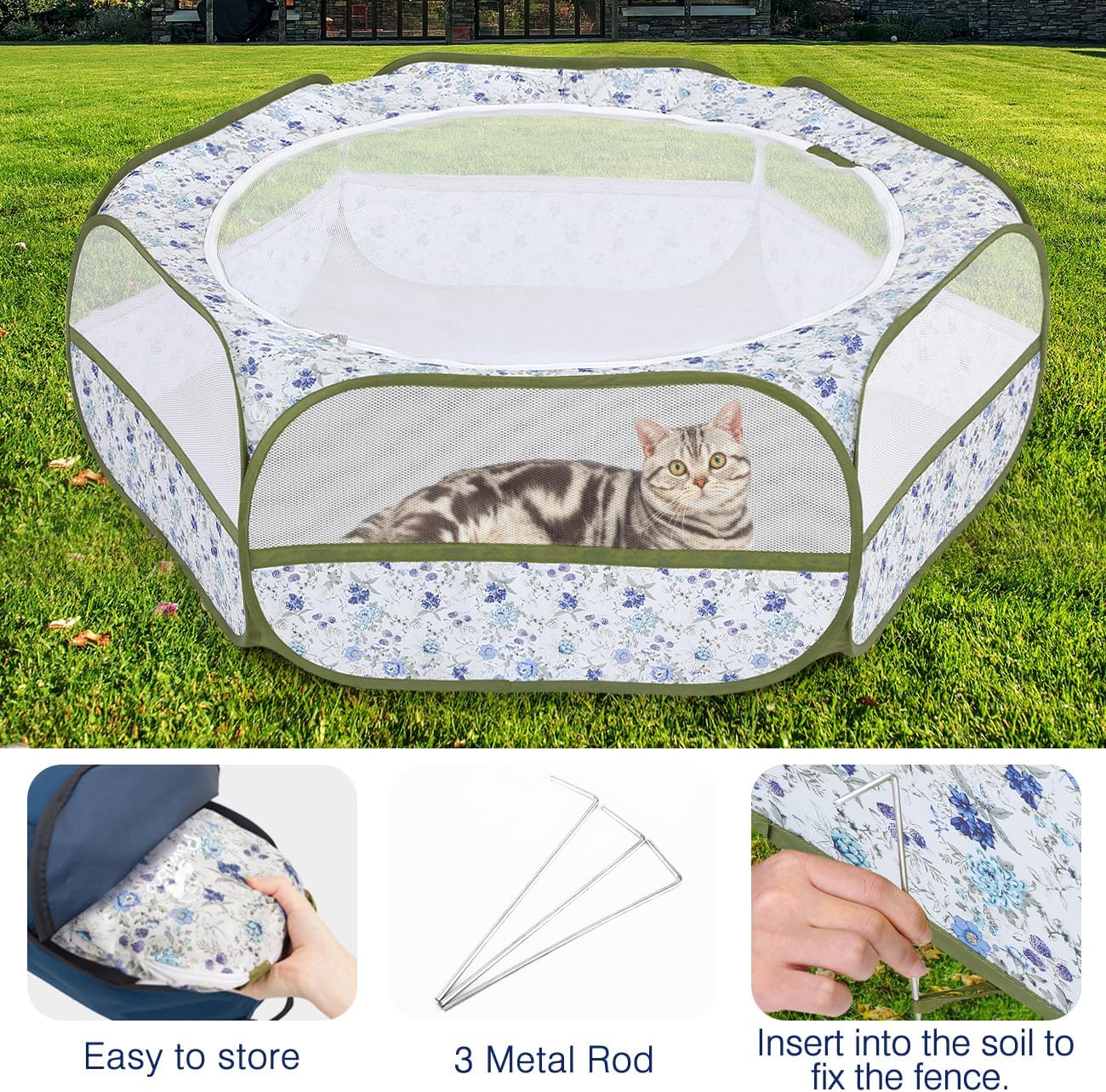 Small Animals Playpen, Waterproof Small Pet Cage Tent with Zippered Cover, Portable Outdoor Yard Fence with 3 Metal Rod for Chick/Kitten/Puppy/Guinea Pig/Rabbits/Hamster/Chinchillas,Light Gray