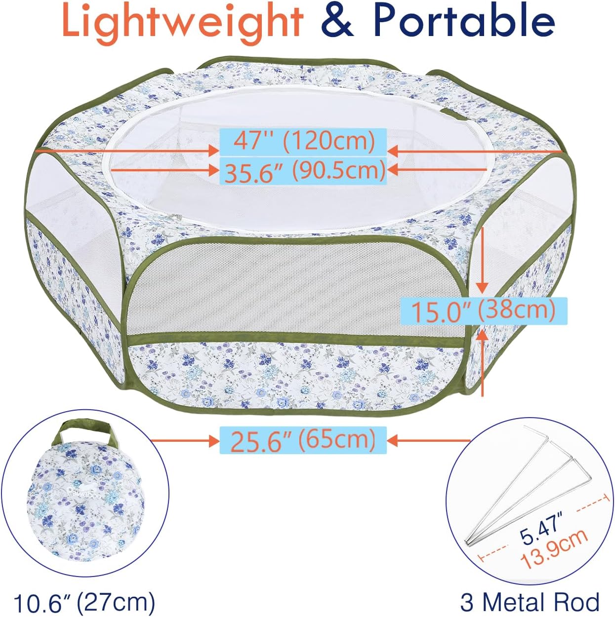 Small Animals Playpen, Waterproof Small Pet Cage Tent with Zippered Cover, Portable Outdoor Yard Fence with 3 Metal Rod for Chick/Kitten/Puppy/Guinea Pig/Rabbits/Hamster/Chinchillas,Light Gray
