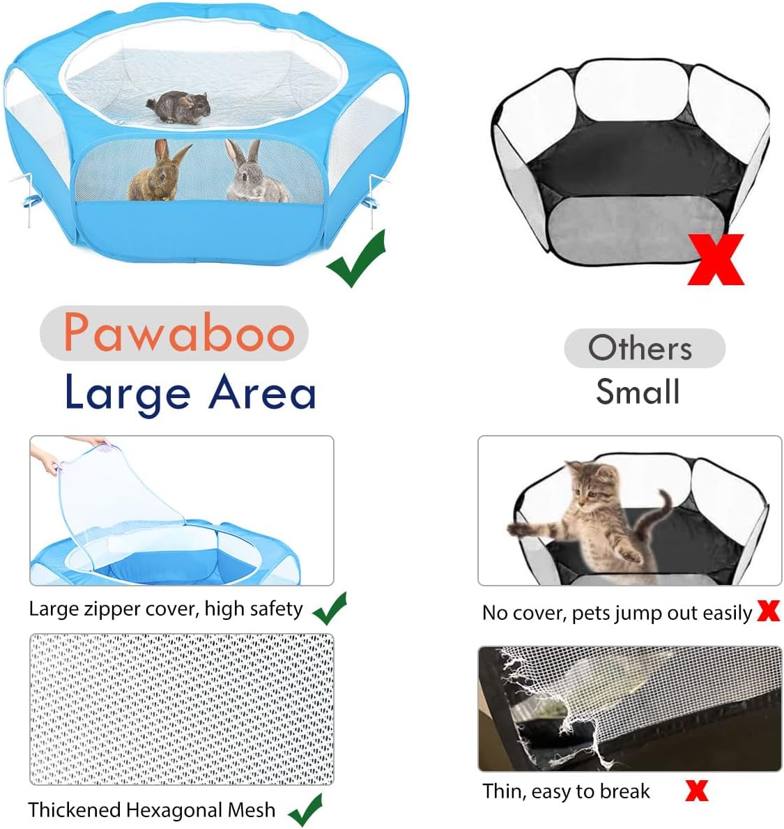 Small Animals Playpen, Waterproof Small Pet Cage Tent with Zippered Cover, Portable Outdoor Yard Fence with 3 Metal Rod for Chick/Kitten/Puppy/Guinea Pig/Rabbits/Hamster/Chinchillas,Light Gray